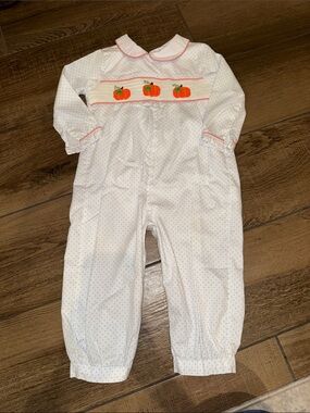 White Baby Footie with Orange Pumpkin Smocking